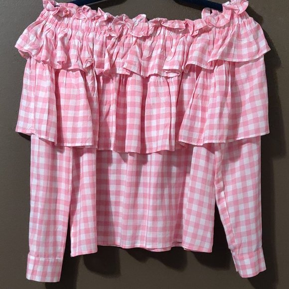 INA Pink and White Gingham Double Ruffle Off The Shoulder Top SIZE SMALL - Picture 1 of 5